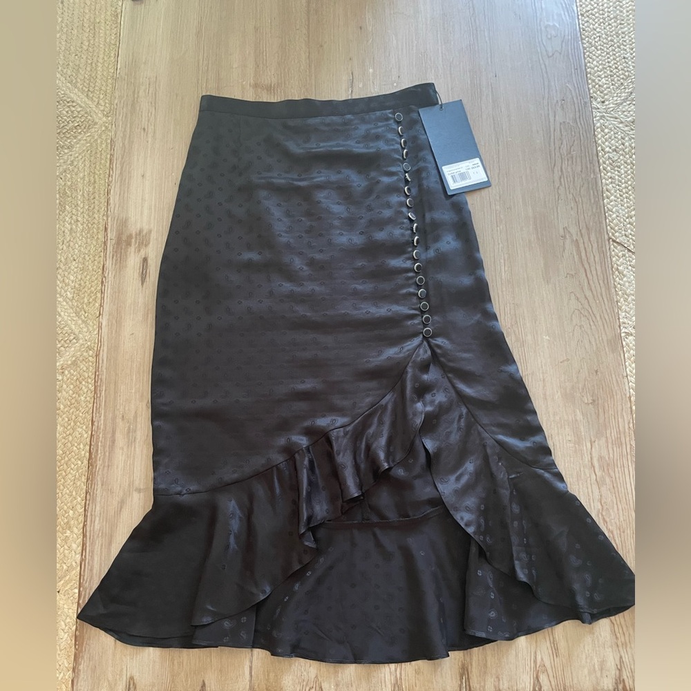The Kooples Black Asymmetrical Midi Skirt with Ruffle Detail